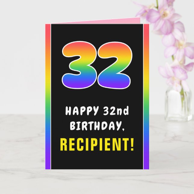 32nd Birthday: Colorful Rainbow # 32, Custom Name Card (Orchid)