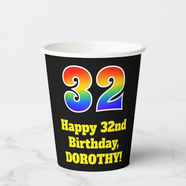 32nd Birthday: Colourful, Fun, Exciting, Rainbow 3 Paper Cups (Back)