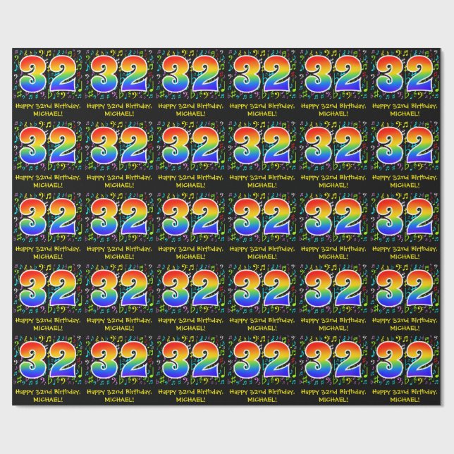 32nd Birthday: Colourful Music Symbols, Rainbow 32 Wrapping Paper (Flat)