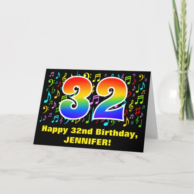 32nd Birthday: Colourful Music Symbols & Rainbow 3 Card (Front)