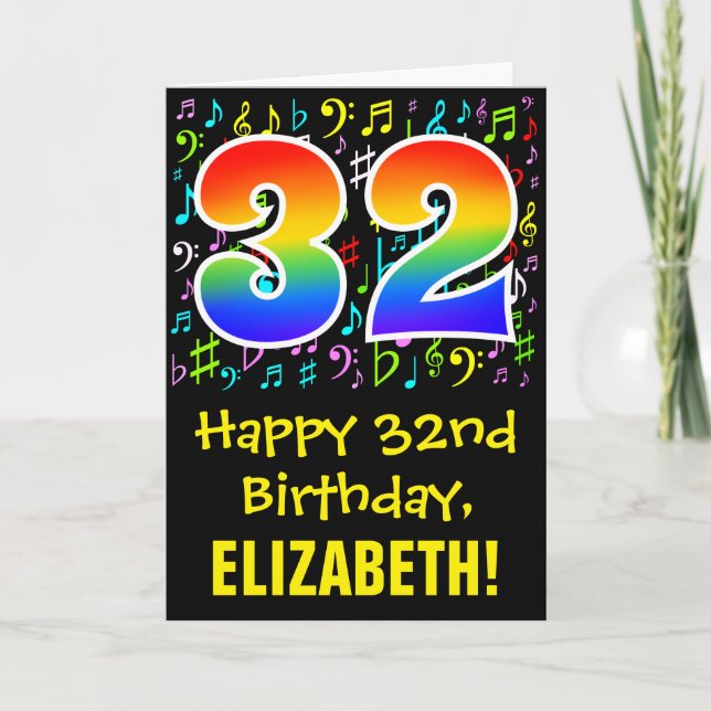 32nd Birthday: Colourful Music Symbols + Rainbow 3 Card (Front)