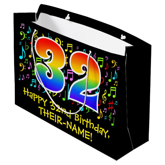 32nd Birthday - Colourful Music Symbols, Rainbow 3 Large Gift Bag (Back Angled)