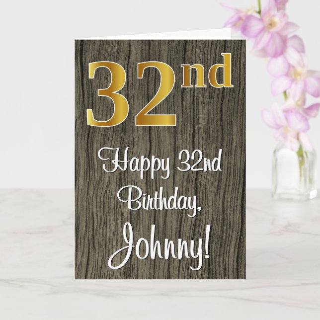 32nd Birthday: Elegant Faux Gold Look #, Faux Wood Card (Orchid)