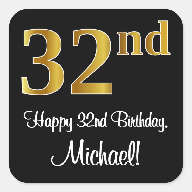 32nd Birthday – Elegant Luxurious Faux Gold Look # Square Sticker (Front)