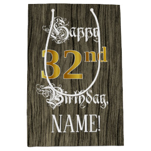 32nd Birthday: Faux Gold Look & Faux Wood Pattern Medium Gift Bag