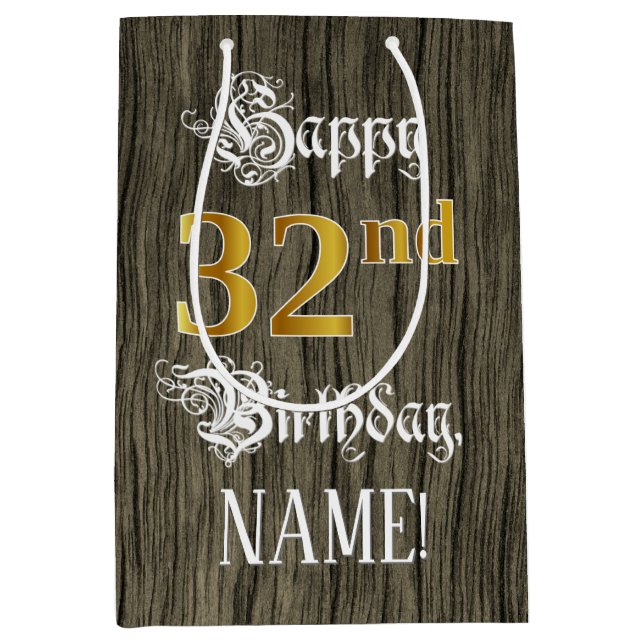 32nd Birthday: Faux Gold Look & Faux Wood Pattern Medium Gift Bag (Front)