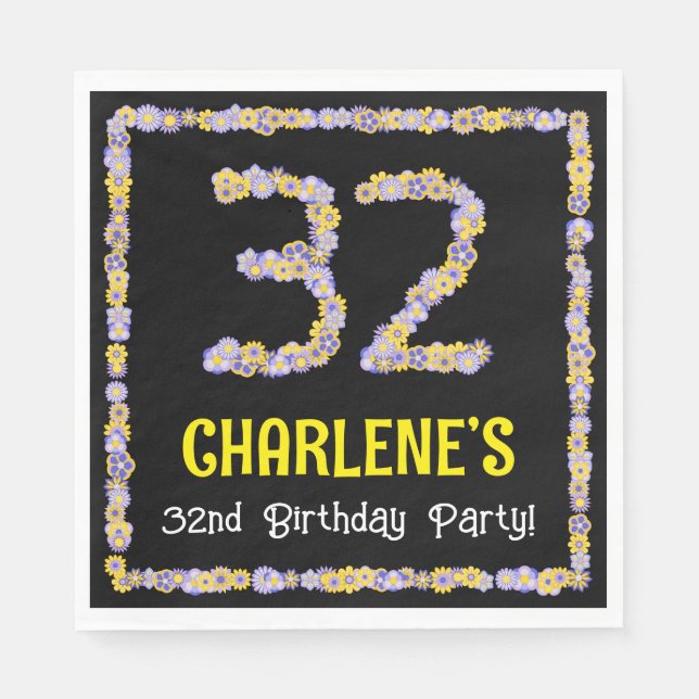 32nd Birthday: Floral Flowers Number, Custom Name Napkin (Front)
