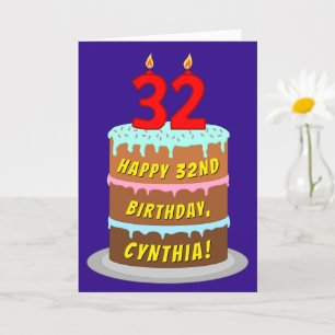 32nd Birthday: Fun Cake and Candles + Custom Name Card