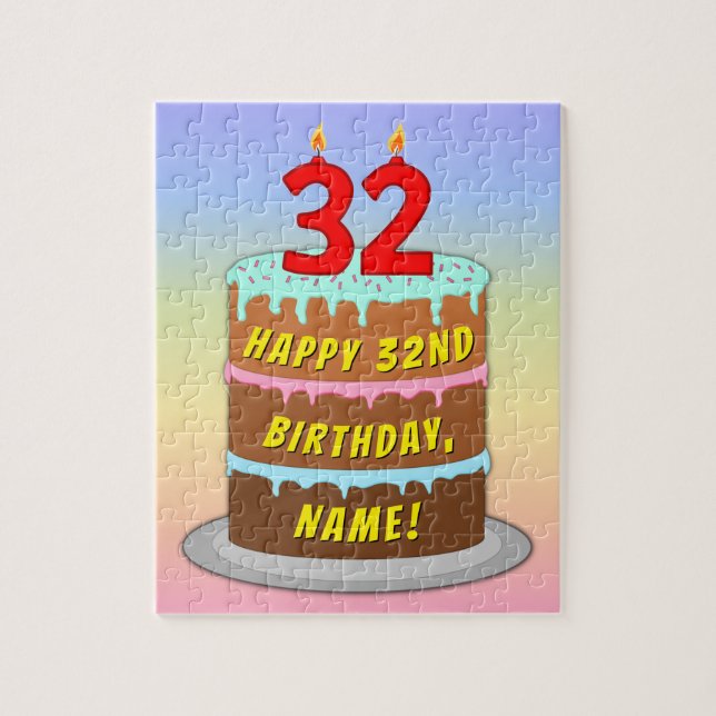 32nd Birthday: Fun Cake and Candles + Custom Name Jigsaw Puzzle (Vertical)
