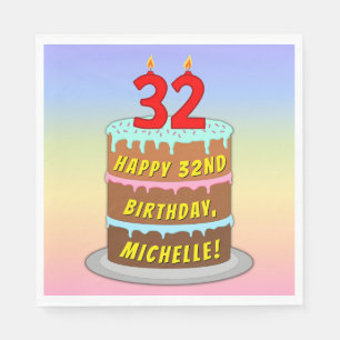 32nd Birthday: Fun Cake and Candles + Custom Name Napkin