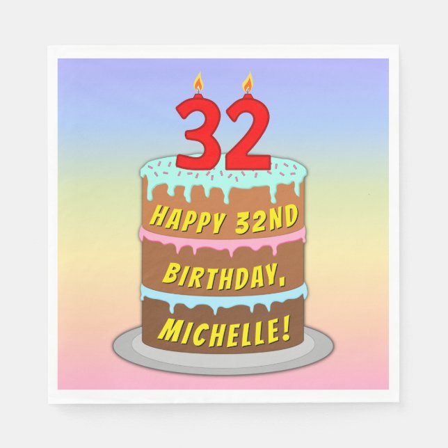 32nd Birthday: Fun Cake and Candles + Custom Name Napkin (Front)