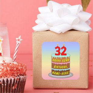 32nd Birthday: Fun Cake and Candles + Custom Name Square Sticker