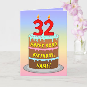 32nd Birthday — Fun Cake & Candles, w/ Custom Name Card