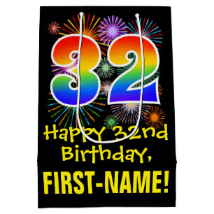32nd Birthday: Fun Fireworks Pattern + Rainbow 32 Medium Gift Bag
