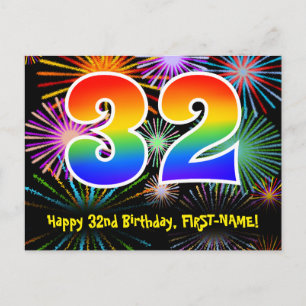 32nd Birthday – Fun Fireworks Pattern + Rainbow 32 Postcard