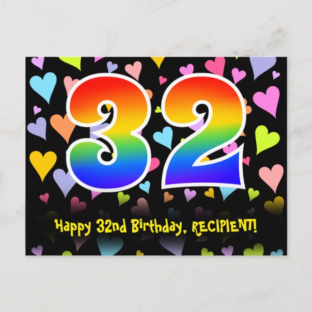 32nd Birthday: Fun Hearts Pattern, Rainbow 32 Postcard (Front)