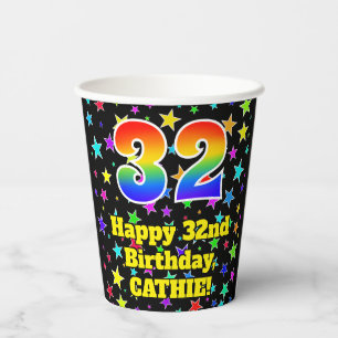 32nd Birthday: Fun Stars Pattern and Rainbow 32 Paper Cups