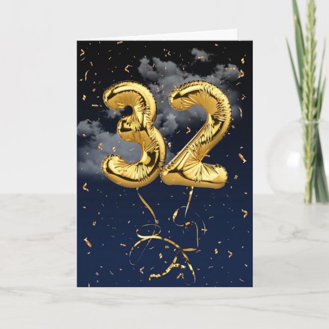 32nd Birthday Gold Mylar Balloon and Confetti Card (Front)