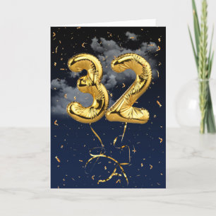 32nd Birthday Gold Mylar Balloon and Confetti Card