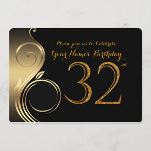 32nd,Birthday Invitation,Number Glitter Gold,Photo Invitation