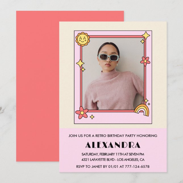 32nd birthday invitation Retro Photo Pink Floral (Front/Back)