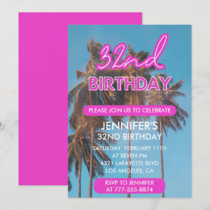 32nd birthday invitation Summer Pink Palm tree