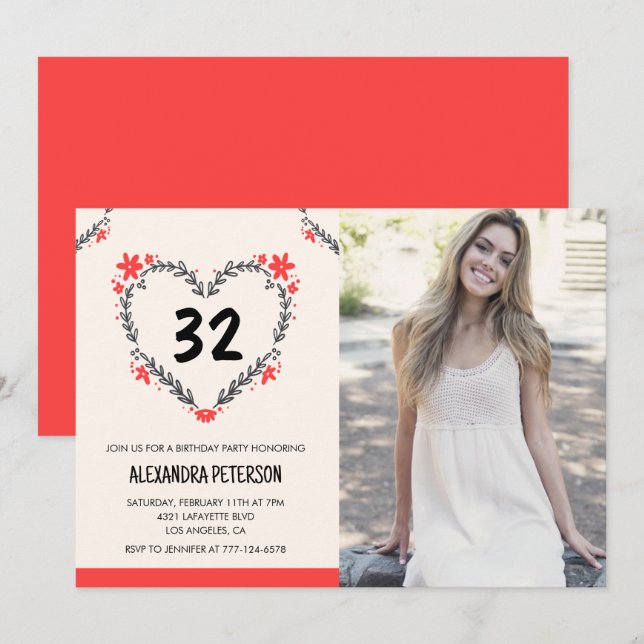 32nd birthday invitations for her Floral Heart (Front/Back)