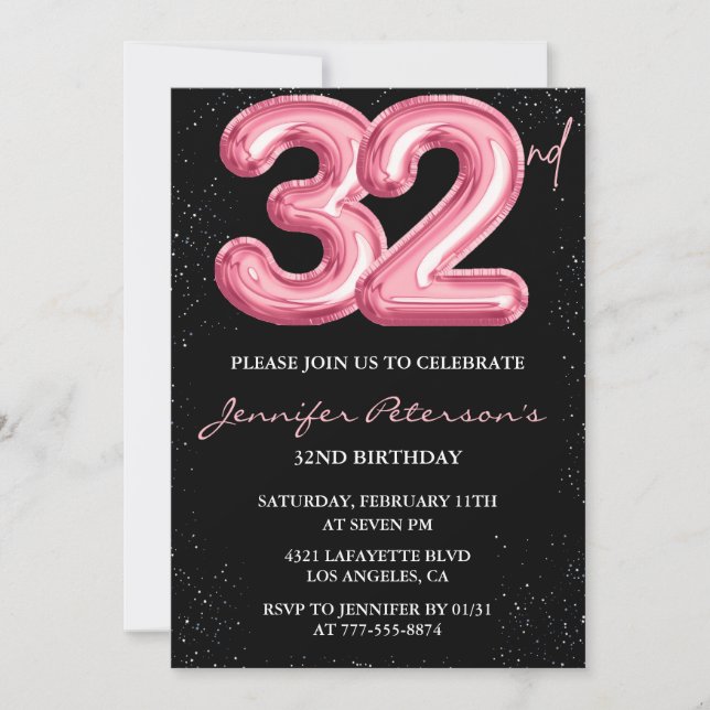 32nd birthday invitations Pink Balloon Glam Black (Front)