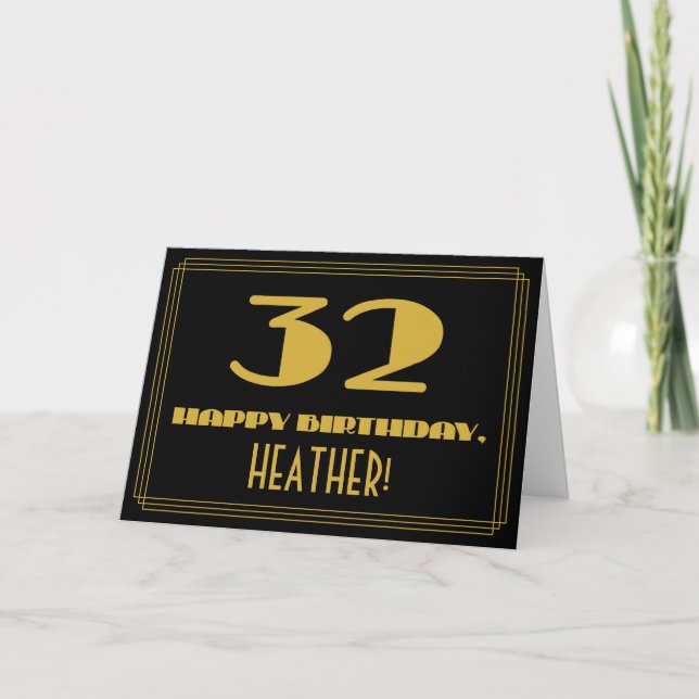 32nd Birthday: Name + Art Deco Inspired Look "32" Card (Front)