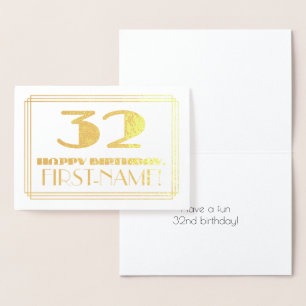 32nd Birthday; Name + Art Deco Inspired Look "32" Foil Card