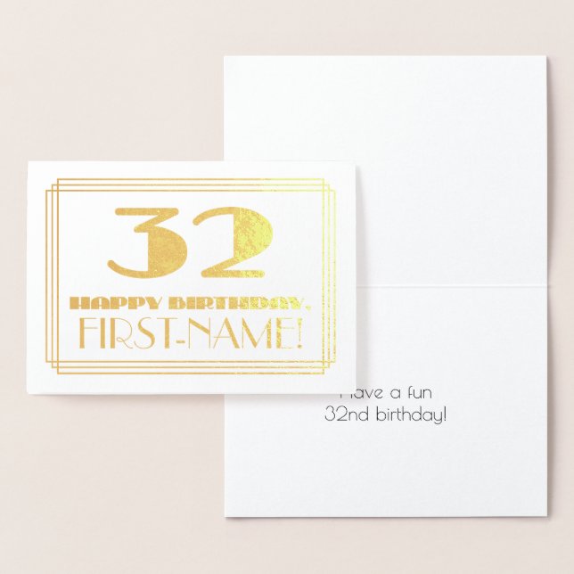 32nd Birthday; Name + Art Deco Inspired Look "32" Foil Card (Display)
