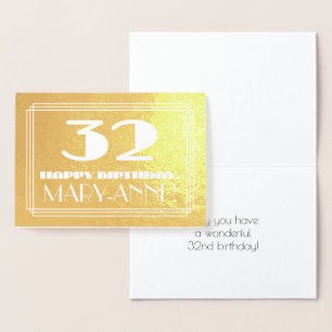 32nd Birthday: Name + Art Deco Inspired Look "32" Foil Card