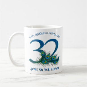 32nd Birthday Or Anniversary Peacock Feather Coffee Mug