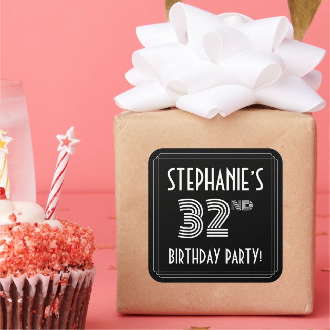 32nd Birthday Party: Art Deco Style & Custom Name Square Sticker (Party)