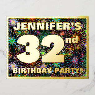 32nd Birthday Party: Bold, Colourful Fireworks Loo Foil Invitation Postcard