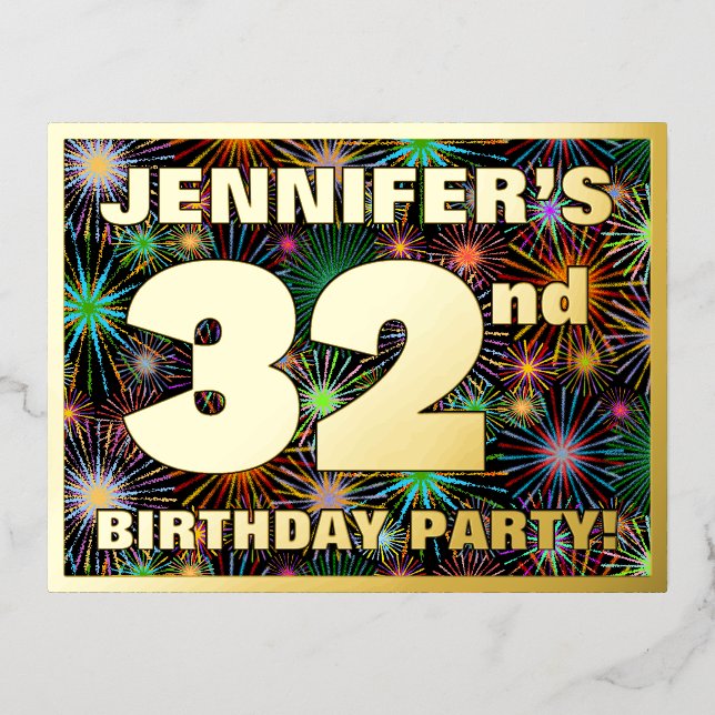 32nd Birthday Party: Bold, Colourful Fireworks Loo Foil Invitation Postcard (Front)