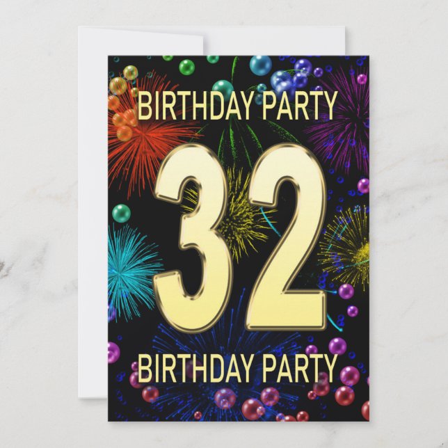 32nd Birthday Party Invitation Fireworks Bubbles (Front)