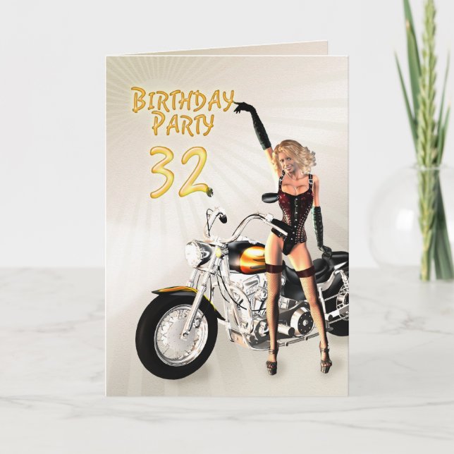 32nd Birthday party with a girl and motorbike Invitation (Front)