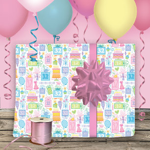 32nd Birthday Pastel Pink Cake Presents Balloons Wrapping Paper Sheet