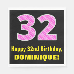 32nd Birthday: Pink Stripes and Hearts "32" + Name Napkin