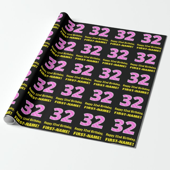 32nd Birthday: Pink Stripes and Hearts "32" + Name Wrapping Paper (Unrolled)