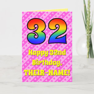 32nd Birthday: Pink Stripes & Hearts, Rainbow # 32 Card
