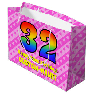 32nd Birthday: Pink Stripes & Hearts, Rainbow # 32 Large Gift Bag