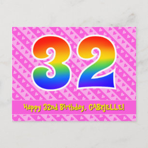 32nd Birthday: Pink Stripes & Hearts, Rainbow 32 Postcard