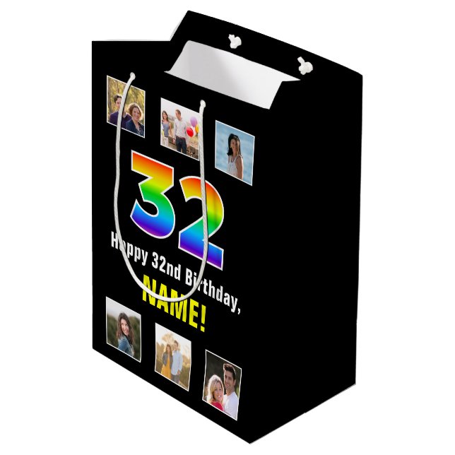 32nd Birthday: Rainbow “32“, Custom Photos & Name Medium Gift Bag (Back Angled)