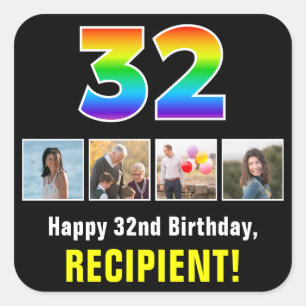 32nd Birthday: Rainbow “32”; Custom Photos & Name Square Sticker