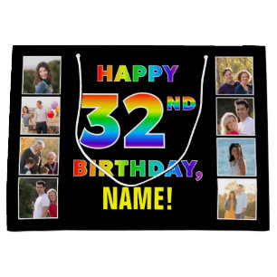 32nd Birthday: Rainbow Text, Custom Photos & Name Large Gift Bag