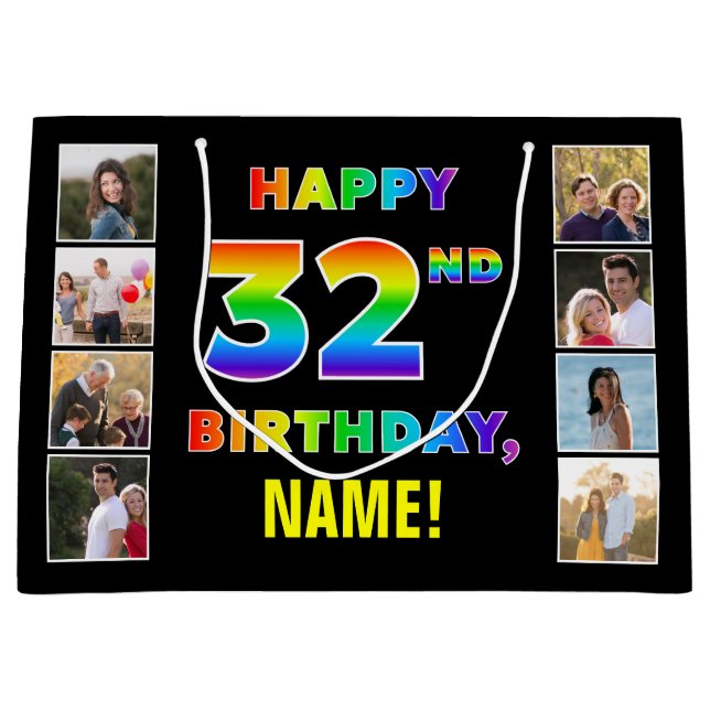 32nd Birthday: Rainbow Text, Custom Photos & Name Large Gift Bag (Front)