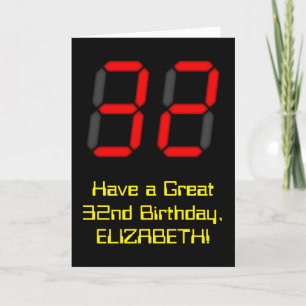 32nd Birthday: Red Digital Clock Style "32" + Name Card