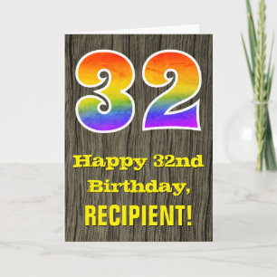 32nd Birthday: Rustic Faux Wood Look, Rainbow "32" Card